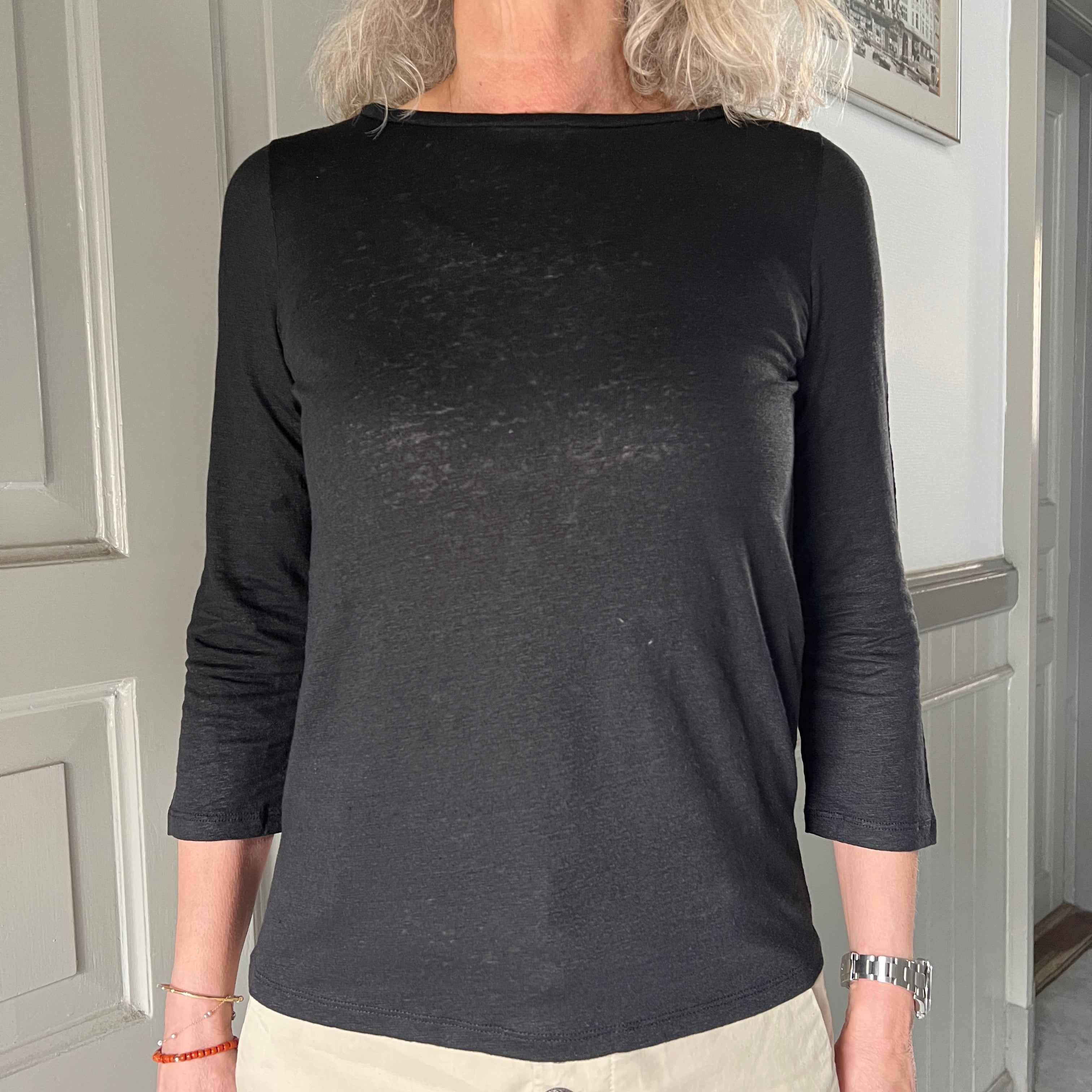 Majestic Filatures 3/4-ærmer Hør T-shirt Noir