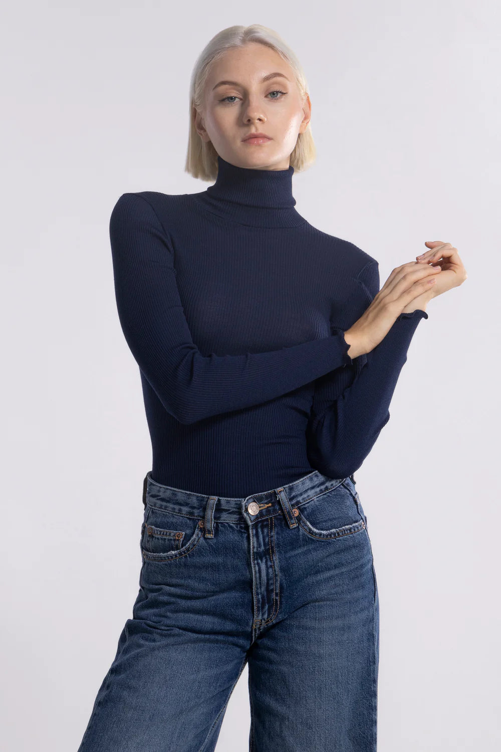 Oscalito Langærmet Bluse m. Rullekrave Navy