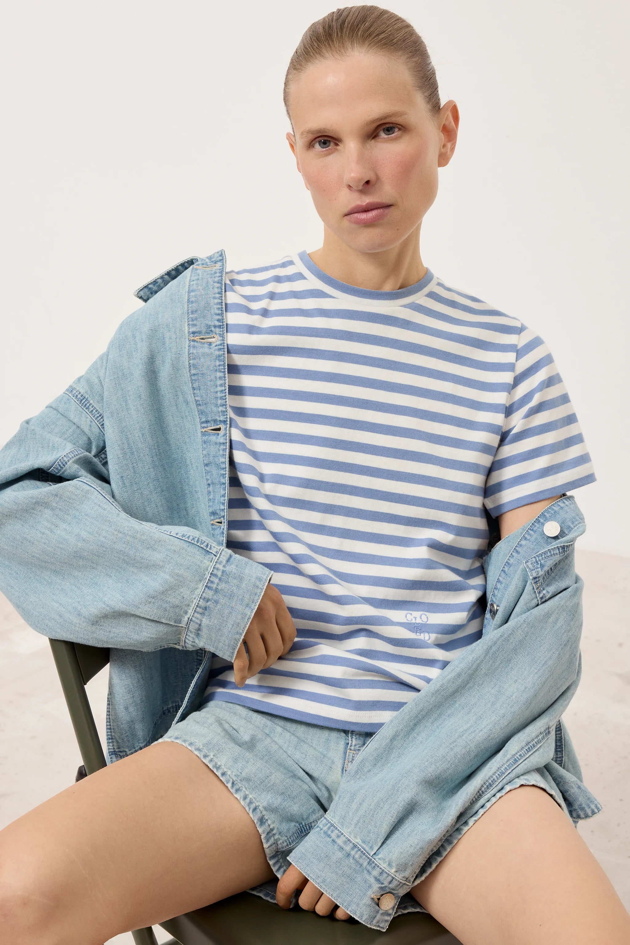 Closed Basic T-shirt Stribet Stone Blue